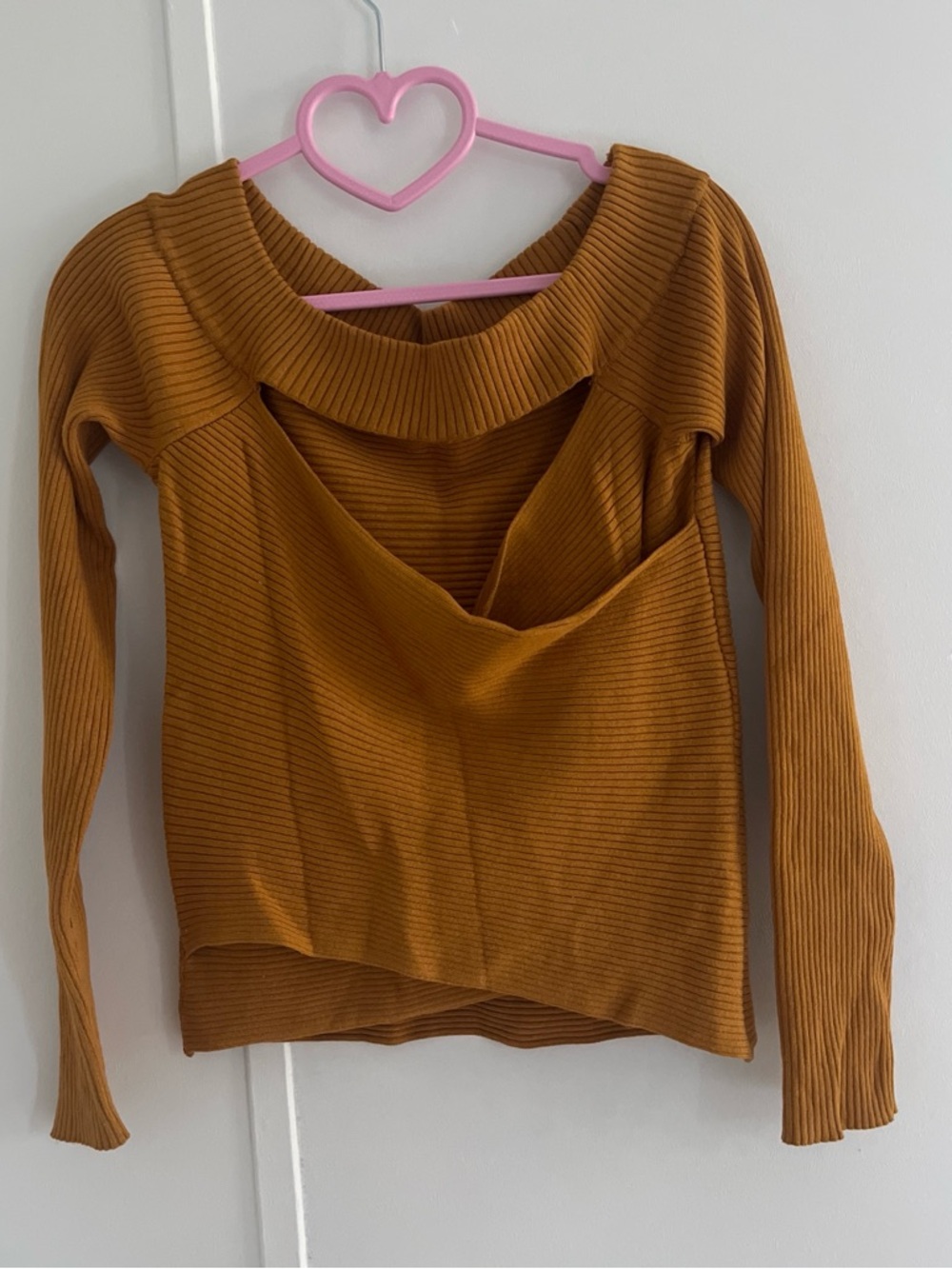 Guess Mustard Ribbed Off-Shoulder Long Sleeve Top